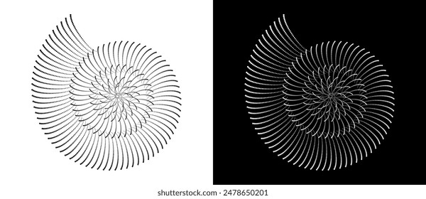 Halftone dots in spiral. Modern abstract background. Design element or icon, logo. Black shape on a white background and the same white shape on the black side.