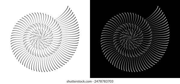 Puntos de semitonos en espiral. Fondo abstracto moderno. Elemento de diseño o icono, logotipo. Forma negra sobre fondo blanco y la misma forma blanca en el lado negro.