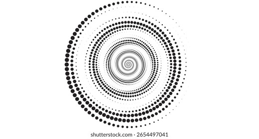 Puntos semitonos en espiral. Fondo abstracto moderno. Elemento de diseño o icono, logotipo. Forma negra sobre un fondo blanco y la misma forma blanca en el lado negro.