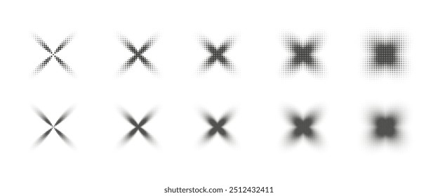 Conjunto de estrelas de pontos de meio-tom. Coleção de grãos pontilhados. Brilhos pontilhados de textura de ruído