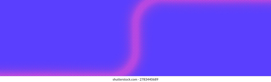 Halftone dots texture pattern bent border ultra wide 32:9 aspect ratio pink blue vector abstract background. Half tone graphic retro futuristic 1980s style ultrawide curved divider design element