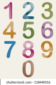 Halftone dots textured numbers, vector set.