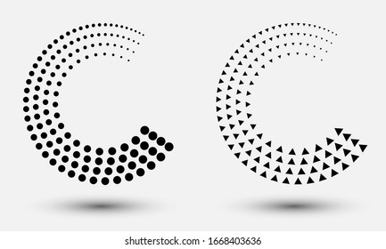 halftone dots and triangles abstract background like letter C