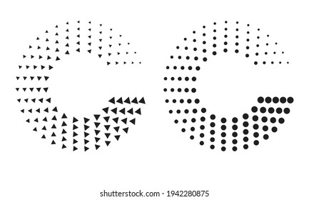 Halftone dots and triangles in circle form. Round logo or icon like letter C. Vector dotted frame as design element.