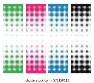 Halftone dots vector texture. Set of vertical banners. Green, pink, blue and black dots on white background.