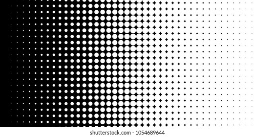 Halftone dots. White and black geometric gradient for pop art designs. Geometric vintage monochrome fade wallpaper. Pop art print. Dotted geometric retro pattern. Comic halftone background.
