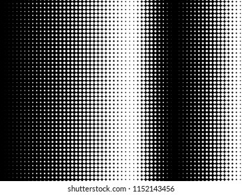 Halftone dots. White and black geometric gradient for pop art designs. Geometric vintage monochrome fade wallpaper. Pop art print. Dotted geometric retro pattern. Comic halftone background.