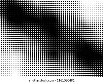 Halftone dots. White and black geometric gradient for pop art designs. Geometric vintage monochrome fade wallpaper. Pop art print. Dotted geometric retro pattern. Comic halftone background.