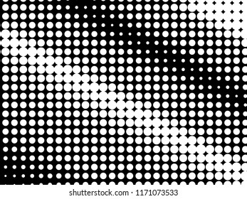 Halftone dots. White and black geometric gradient for pop art designs. Geometric vintage monochrome fade wallpaper. Pop art print. Dotted geometric retro pattern. Comic halftone background.