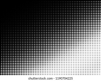 Halftone dots. White and black geometric gradient for pop art designs. Geometric vintage monochrome fade wallpaper. Pop art print. Dotted geometric retro pattern. Comic halftone background.