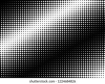 Halftone dots. White and black geometric gradient for pop art designs. Geometric vintage monochrome fade wallpaper. Pop art print. Dotted geometric retro pattern. Comic halftone background.