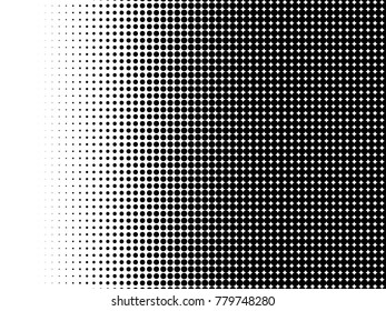 Halftone dots. White and black geometric gradient for pop art designs. Geometric vintage monochrome fade wallpaper. Pop art print. Dotted geometric retro pattern. Comic halftone background.