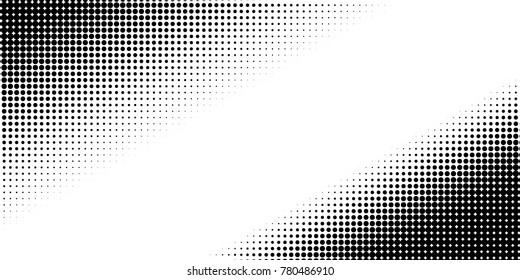 Halftone dots. White and black geometric gradient for pop art designs. Geometric vintage monochrome fade wallpaper. Pop art print. Dotted geometric retro pattern. Comic halftone background.
