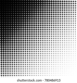 Halftone dots. White and black geometric gradient for pop art designs. Geometric vintage monochrome fade wallpaper. Pop art print. Dotted geometric retro pattern. Comic halftone background.