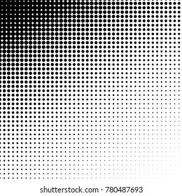 Halftone dots. White and black geometric gradient for pop art designs. Geometric vintage monochrome fade wallpaper. Pop art print. Dotted geometric retro pattern. Comic halftone background.