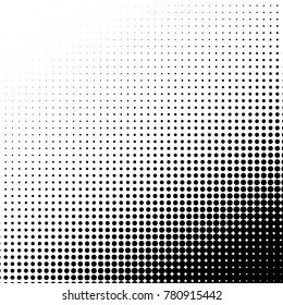Halftone dots. White and black geometric gradient for pop art designs. Geometric vintage monochrome fade wallpaper. Pop art print. Dotted geometric retro pattern. Comic halftone background.