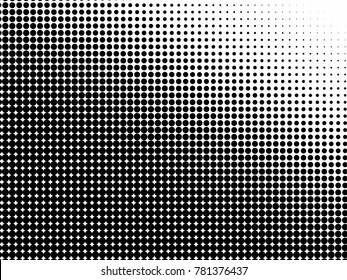 Halftone dots. White and black geometric gradient for pop art designs. Geometric vintage monochrome fade wallpaper. Pop art print. Dotted geometric retro pattern. Comic halftone background