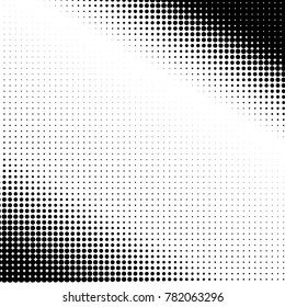Halftone dots. White and black geometric gradient for pop art designs. Geometric vintage monochrome fade wallpaper. Pop art print. Dotted geometric retro pattern. Comic halftone background.
