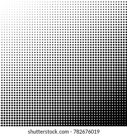Halftone dots. White and black geometric gradient for pop art designs. Geometric vintage monochrome fade wallpaper. Pop art print. Dotted geometric retro pattern. Comic halftone background.
