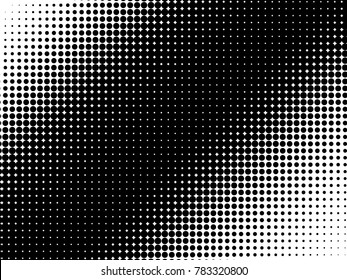 Halftone dots. White and black geometric gradient for pop art designs. Geometric vintage monochrome fade wallpaper. Pop art print. Dotted geometric retro pattern. Comic halftone background.
