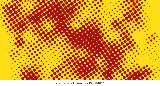Halftone puntos, amarillo y rojo, disposición del círculo, efecto de cómic retro, fondo de estilo de arte Pop, elemento de diseño, ilustración, fondo de textura, Plantilla, decoración, proyectos de marca