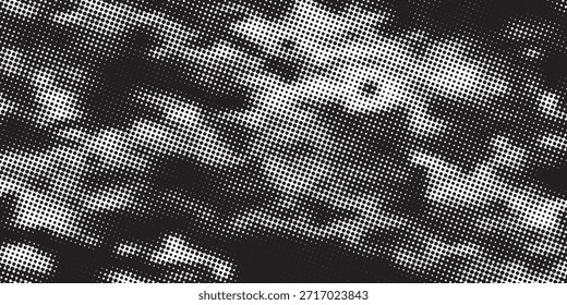 Halbton, gepunkteter abstrakter Hintergrund. Körniger Farbverlauf-Textur-Hintergrund mit Punkten. Noise Stipple pointillism Muster. Sand, Korn, Grunge-Stipple-Effekt. Abstrakte Textur, eingravierte Überlagerung. Vektorgrafik