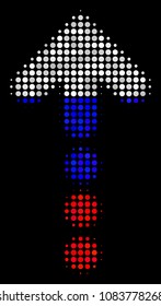 Halftone Dotted Arrow pictogram colored in Russian state flag colors on a dark background. Vector composition of dotted arrow icon combined of spheric items.