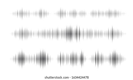 Halftone dotted audio equalizer. Halftone effect vector pattern. Circle dots. Sound wave design element isolated on white background.