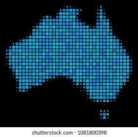 Halftone Dotted Australia Map. Vector geographical map in blue color tinges on a black background. Vector composition of Australia Map done of rectangle elements.