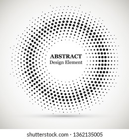 Halftone dotted background circularly distributed. Halftone effect vector pattern. Circle dots isolated on the white background. Border logo icon. Draft emblem for your design.