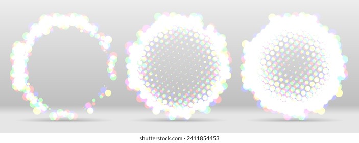 Halftone dotted background circularly distributed frame for business advertising, catalog or annual report cover. Halftone effect vector hipster pattern. Modern Circle Holographic Dots on the white.