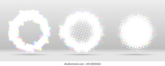 Halftone dotted background circularly distributed frame for business advertising, catalog or annual report cover. Halftone effect vector hipster pattern. Modern Circle Holographic Dots on the white.