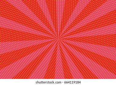 Halftone dotted background. Pop art style. Pattern with circles, dots. Radiating from the center starburst, sun burst rays, lines. Backdrop, design for web banners, Wallpaper,sites Vector illustration