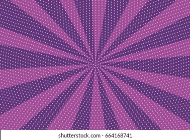 Halftone dotted background. Pop art style. Pattern with circles, dots. Radiating from the center starburst, sun burst rays, lines. Backdrop, design for web banners, Wallpaper sites Vector illustration