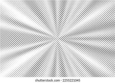 Halftone dotted background. Retro radial texture. Monochrome gradation effect. Vector pattern.