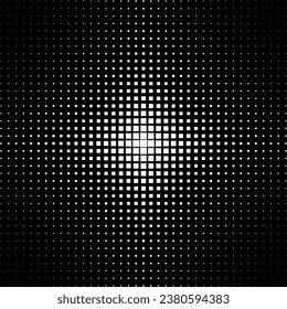 El fondo está salpicado de semitono. Patrón de cuadrados blancos aislado en el fondo negro.