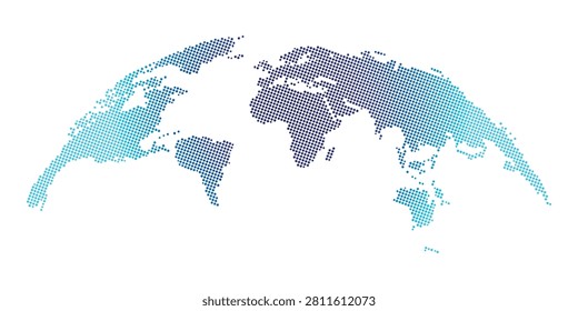 Halftone dotted blue gradient world map. Traveling and business infographics background. Rounded globe with continents and countries.