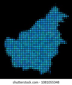 Halftone Dotted Borneo Island Map. Vector geographic map in blue color hues on a black background. Vector pattern of Borneo Island Map made of square elements.