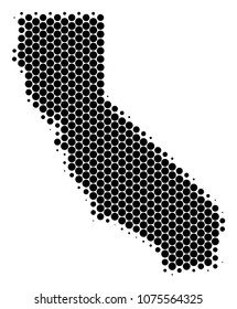 Halftone dotted California Map. Vector geographic map on a white background. Vector collage of California Map made of sphere blots.