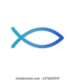 Halftone dotted Christian symbol, Jesus fish icon isolated on white background.The fish symbol is a pictorial representation of the Greek word Ichthys. vector illustration.