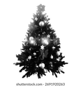 Halbton gepunkteter Weihnachtsbaum mit Dekorationen einzeln für Collage im trendigen Retro Y2K-Stil. Strukturiertes Design-Element mit Vektorgrau