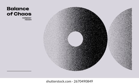 Halftone dotted circle and abstract grain shapes. Chaotic noise texture transformed to smooth gradient. Minimalist design for background.