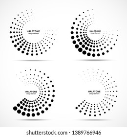 Halftone dotted circle frame abstract dots logo emblem design element set. Half moon. Round border Icon using halftone circle dots raster texture. Vector collection.