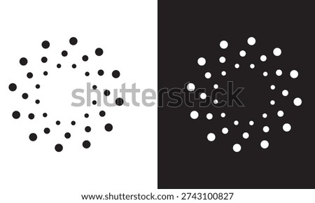 Halftone Dotted Circle Frames .  black and white  halftone dotted circular frames isolated on white and black  background, abstract gradient dot rings for modern graphic design and branding.