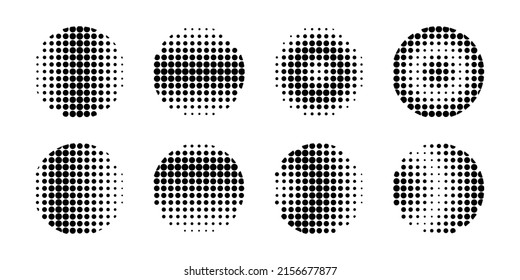 Halftone dotted circle set. Half ton dot round pop art element.