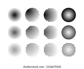 Halftone dotted circle set. Half ton dot round pop art element.