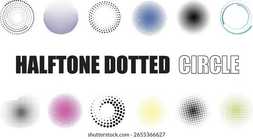 Halftone gepunktete Kreis-, Halbton-, technische, geometrische, Halbtongrafik- und Halbtonsymbolsatz-Kollektion.