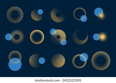 Halftone dotted circles. Gold pattern. Round dots texture. Luxury abstract logo. Graphic geometric line shapes. Golden ring emblem. Yellow and blue paint spraying. Vector garish radiate elements set