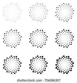 Halftone dotted circles isolated on the white background. Halftone effect vector pattern. Randomly distributed dots for your design.