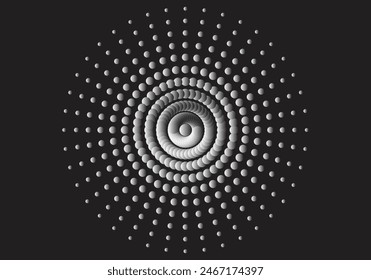 Halftone dotted circular pattern. Vector shape radial in black and white.